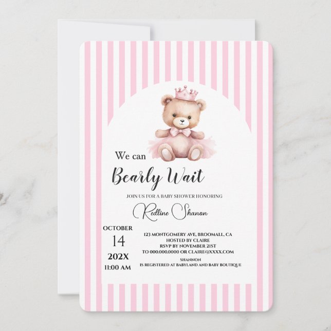 Convite Mal podemos esperar baby shower listras rosa (Frente)