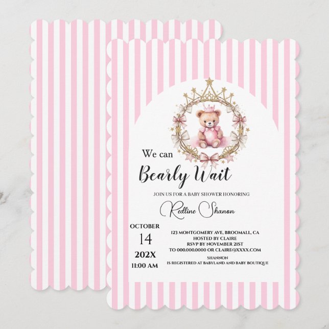 Convite Mal podemos esperar baby shower listras rosa (Frente/Verso)