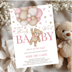 Convite Mal podemos esperar Balões rosa e bege baby shower