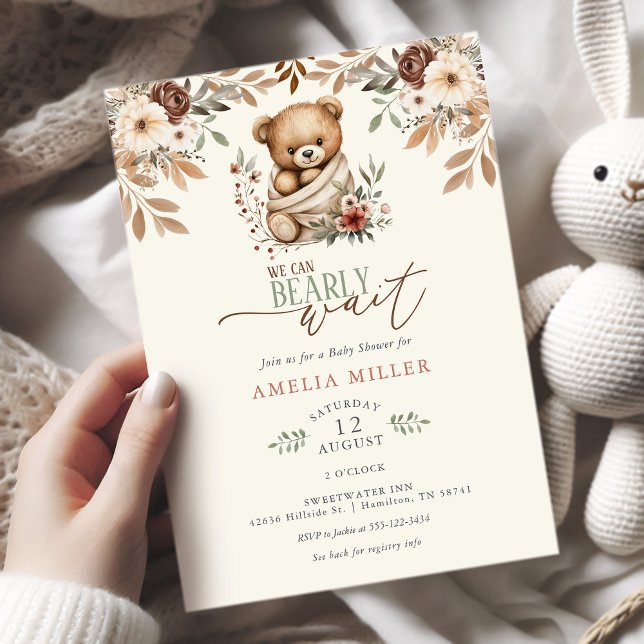 Convite Mal Podemos Esperar Boho Floral Chá de Bebê (We Can Bearly Wait Boho Teddy Bear Floral Baby Shower Invitation)