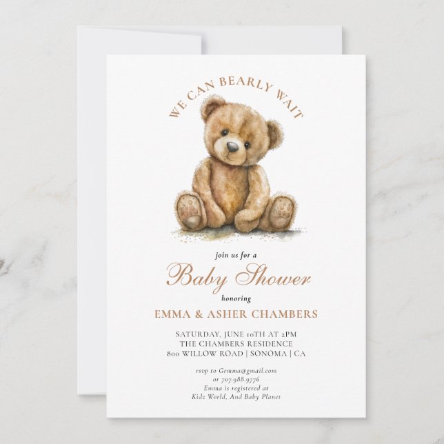 Convite Mal Podemos Esperar Chá de Bebê do Ursinho Teddy (Frente)
