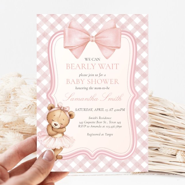 Convite Mal Podemos Esperar Chá de Bebê do Urso Elegante (Pink Bear Baby Shower Invitation)