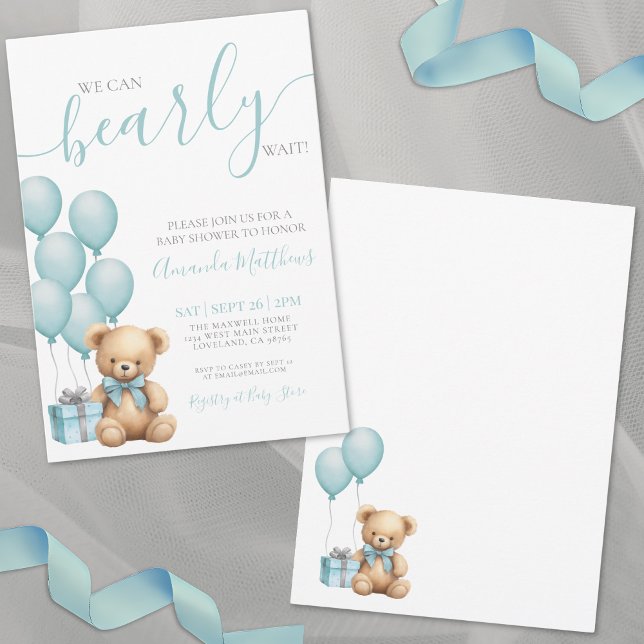 Convite Mal Podemos Esperar Churrasco de Bebê Azul (We Can Bearly Wait Boy Baby Shower Invitation)
