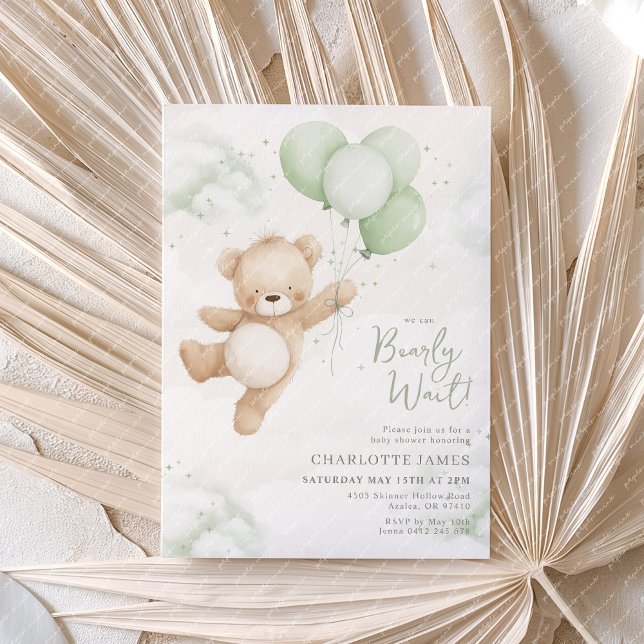 Convite Mal podemos esperar! Churrasco de bebê tema Urso B (We can Bearly Wait! Baby Shower invitation with bear and sage green balloons)