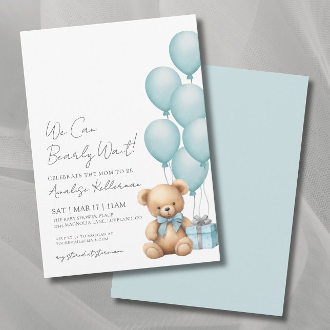Convite Mal Podemos Esperar Churrasco de Bebê Urso Azul (We Can Bearly Wait Blue Bear Baby Shower Invitation)