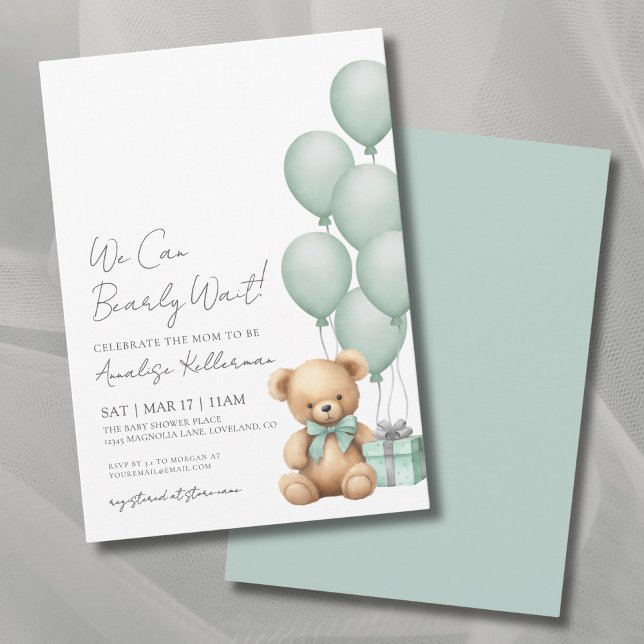 Convite Mal Podemos Esperar Churrasco de Bebê Urso Verde (We Can Bearly Wait Green Bear Baby Shower Invitation)