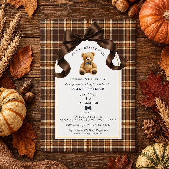 Convite Mal Podemos Esperar Churrasco de Xadrez Urso de Pe (Can Bearly Wait Fall Plaid Teddy Bear Baby Shower Invitation)