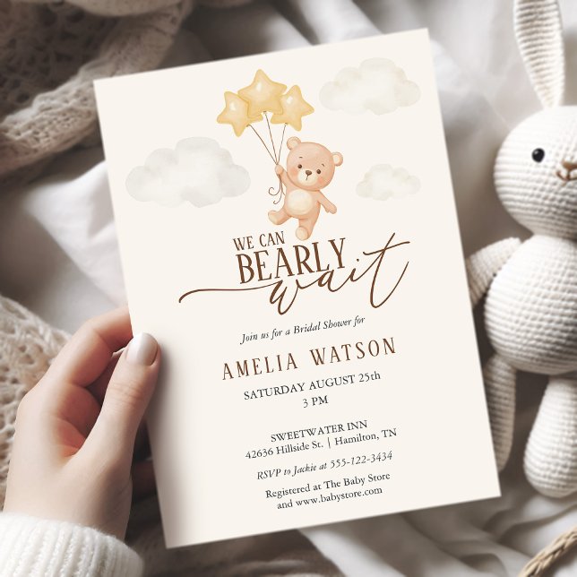 Convite  Mal Podemos Esperar Churrasqueira de Aquarela par (We Can Bearly Wait Watercolor Baby Shower Invitation)