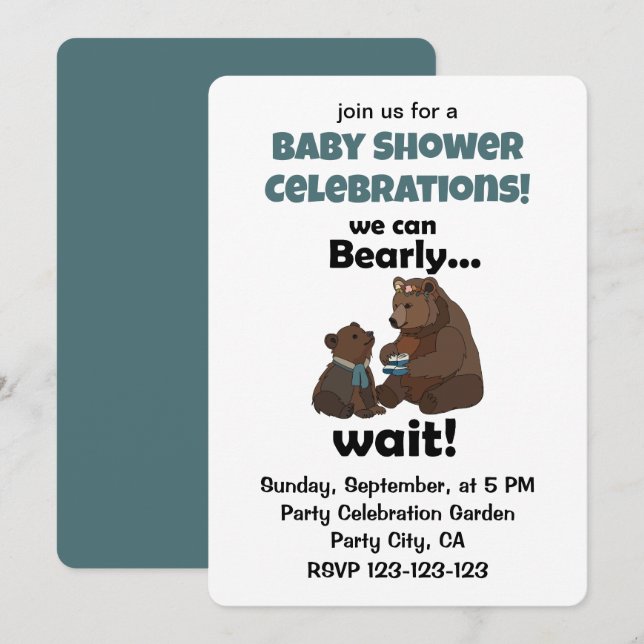 Convite Mal Podemos Esperar Chuveiro de Bebê Urso Mãe e Fi (Frente/Verso)
