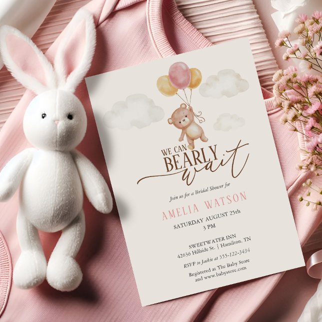 Convite Mal Podemos Esperar Chuveiro de Menina Bebê Aquare (We Can Bearly Wait Watercolor Baby Girl Shower Invitation)