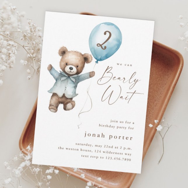 Convite Mal Podemos Esperar Festa de Aniversário de Menino (We can bearly wait teddy bear boys birthday party invitations.)
