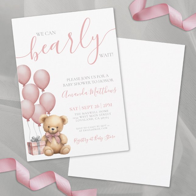 Convite Mal Podemos Esperar Festa de Bebê Menina Urso Rosa (We Can Bearly Wait Pink Bear Girl Baby Shower Invitation)