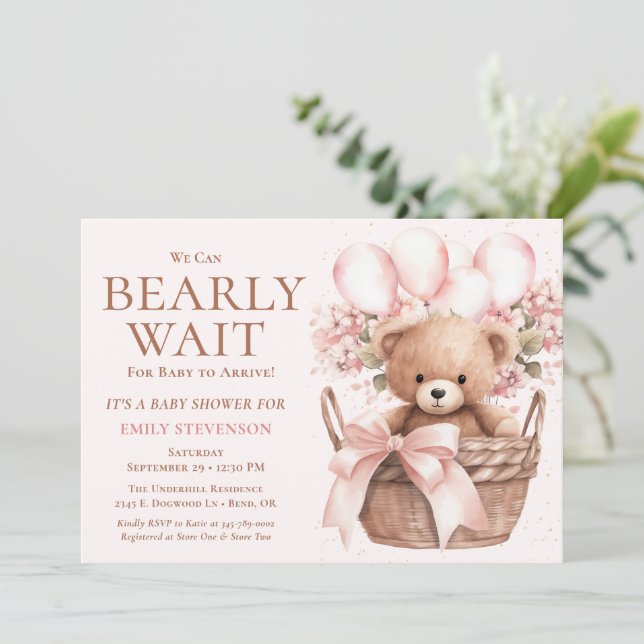 Convite Mal Podemos Esperar Menina Urso Na Cesta Chás de B (Em pé/Frente)