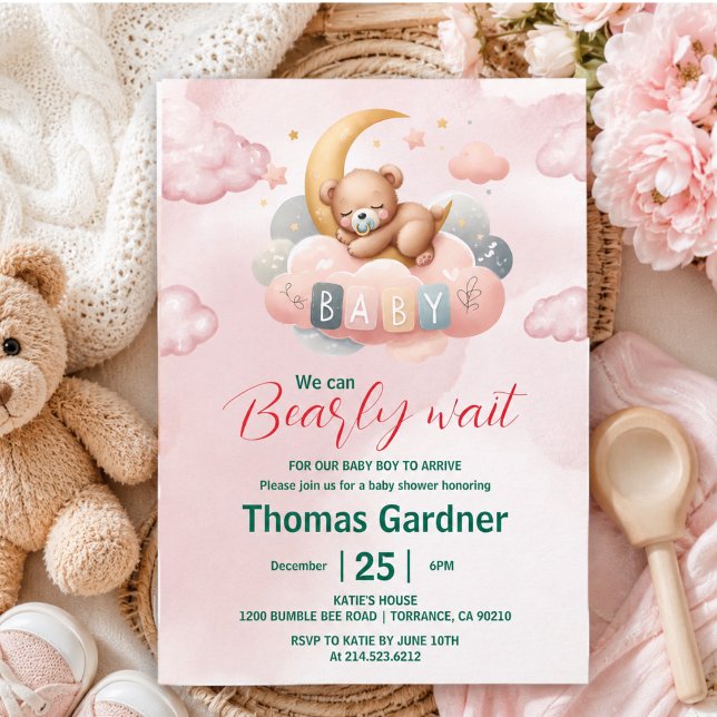Convite Mal Podemos Esperar Menino Urso Festa de Bebê Fofo (We Can Bearly Wait Boy Cute Bear Baby Shower Invitation)