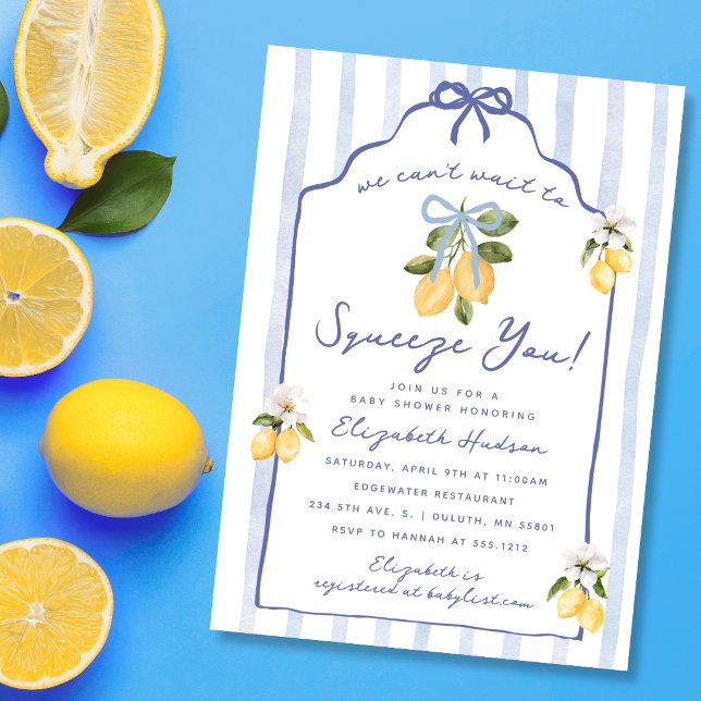 Convite Mal Podemos Esperar para Apertar Você Chuvinha de  (We Can't Wait to Squeeze You Lemon Baby Shower Invitation)