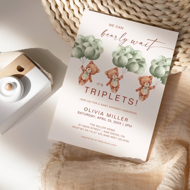 Convite Mal Podemos Esperar Trigêmeos Bebê Sage Verde Cham (Criador carregado)
