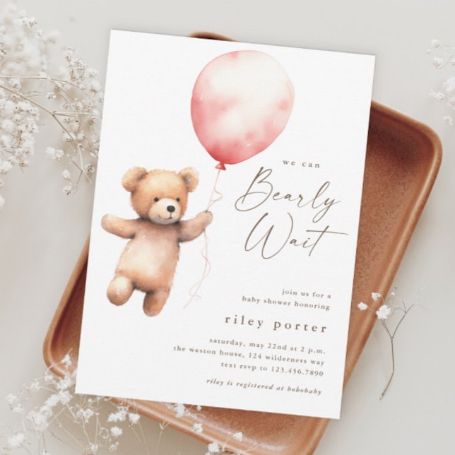 Convite Mal Podemos Esperar Ursinho Meninas Chás de Bebê (We Can Bearly Wait Teddy Bear Girls Baby Shower Invitation.)