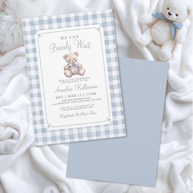 Convite Mal Podemos Esperar Urso Azul Churras de Bebê (We Can Bearly Wait Blue Bear Baby Shower Invitation)