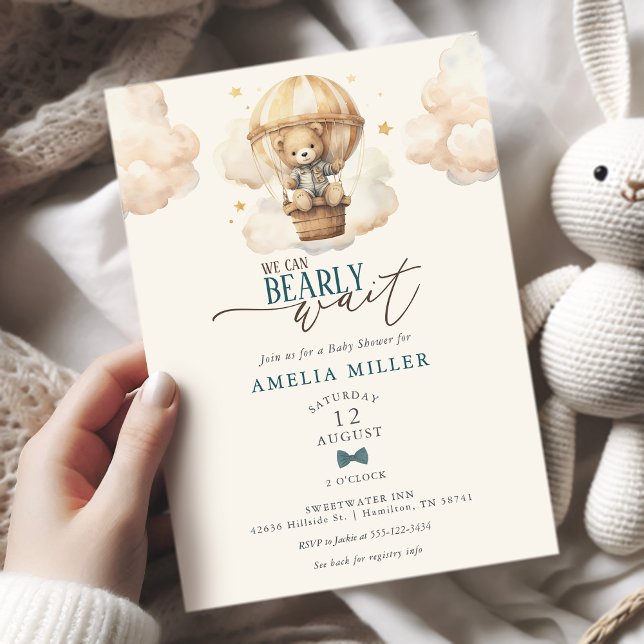 Convite Mal Podemos Esperar Urso de Pelúcia Balão Chuvade  (We Can Bearly Wait Teddy Bear Hot Air Balloon Baby Boy Shower Invitation)