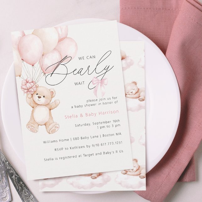 Convite Mal Podemos Esperar Urso de Pelúcia Menina Chã de  (Bearly Wait Teddy Bear Girl Baby Shower Invitation)