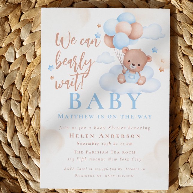 Convite Mal podemos esperar Urso de Pelúcia Menino Churras (We can Bearly Wait Teddy Bear Boy Baby Shower Invitation)