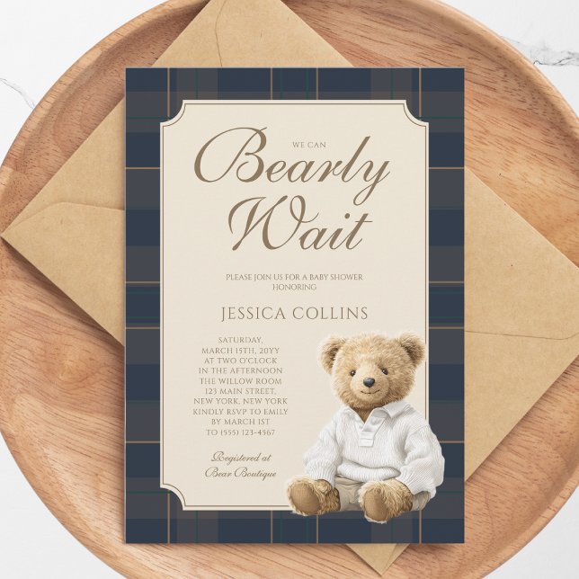Convite Mal Podemos Esperar Urso Teddy Filhote Fofo Chá de (We Can Bearly Wait Cute Cub Teddy Bear Baby Shower Invitation)