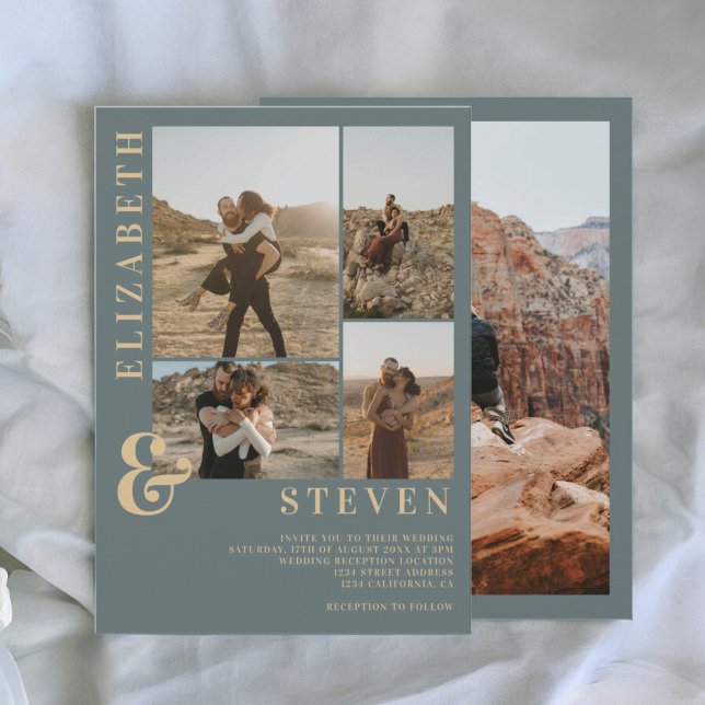 Convite Mala azul empoeirada moderna e casamento fotográfi (Modern dusty blue ampersand 5 photo grid wedding invitation)