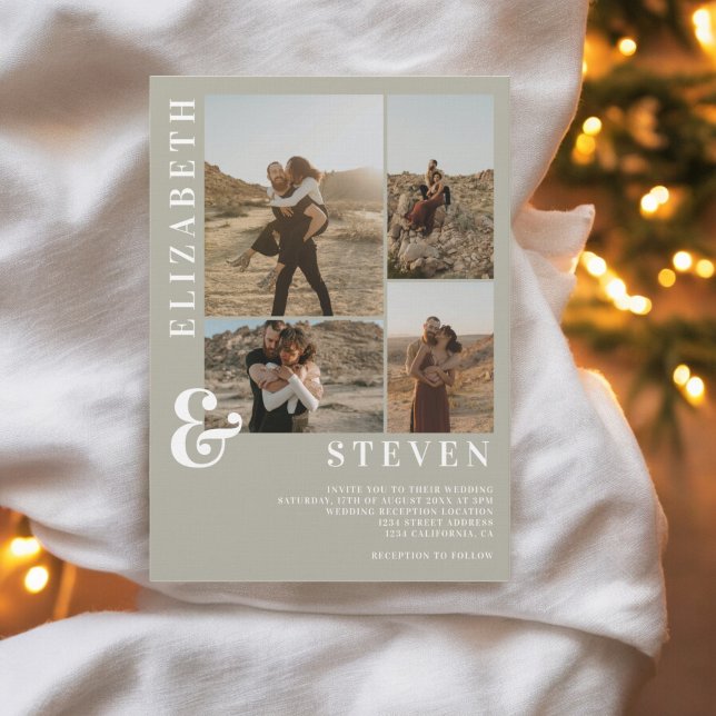 Convite Mala verde moderna e casamento fotográfico 5 (Modern sage green ampersand 5 photo grid wedding invitation)