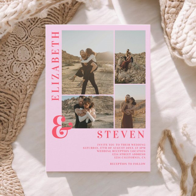 Convite Mala vermelha rosa moderna e casamento fotográfico (Modern pink red ampersand 5 photo grid wedding invitation)