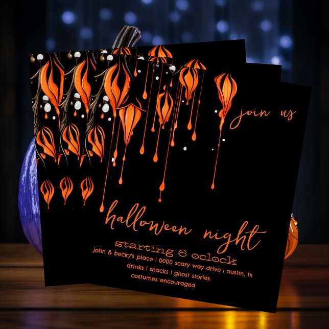 Convite Malandro Laranja e Pintura Negra (Enchanted spooky evening in orange and black Halloween night party invitation you customize. )