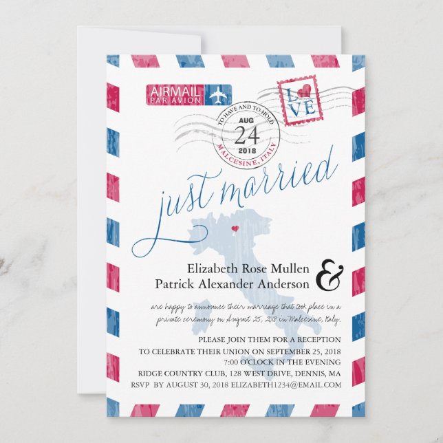 Convite Malcesine Itália Airmail Posta Recepção de casamen (Frente)