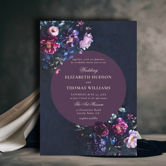 Convite Maldição Romântica Escura Florais Jewel Casamento  (dark moody romantic wedding invitation gothic florals jewel tones mauve classy romance modern classy)