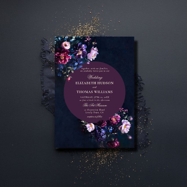 Convite Maldição Romântica Escura Florais Jewel Casamento  (dark romantic wedding invitation jewel moody floral painting modern classic elegant formal)