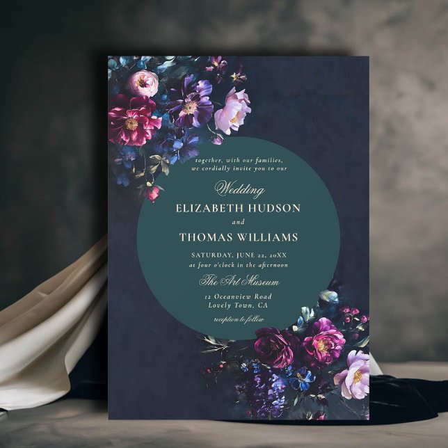 Convite Maldição Romântica Escura Florais Jewel Emerald Ca (dark moody romantic wedding invitation gothic florals jewel tones emerald purple romance modern)