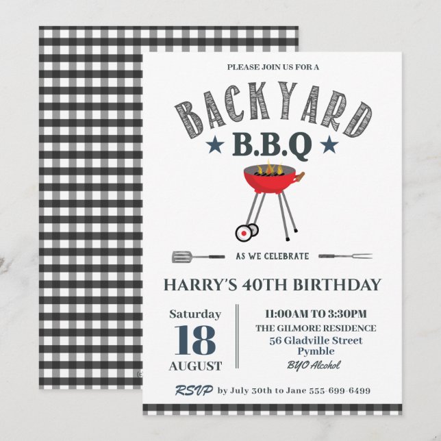 Convite Male Birthday Black Gingham, CHURRASCO de quintal  (Frente/Verso)
