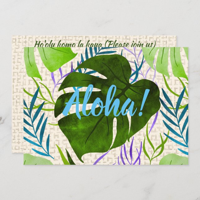Convite Maleah Monstera Tropical Havaiana - Verde-Aquarela (Frente/Verso)