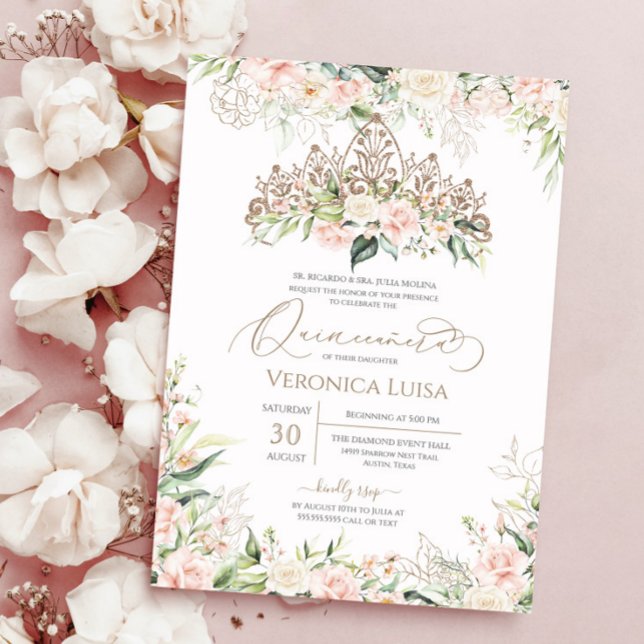 Convite Maleáveis Rosas Rosa e Brancas Elegante Quinceaner (Criador carregado)