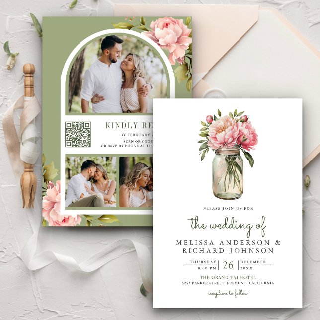 Convite Maleável Flor de Peônias Rosa Mason Jar Código QR  (Criador carregado)