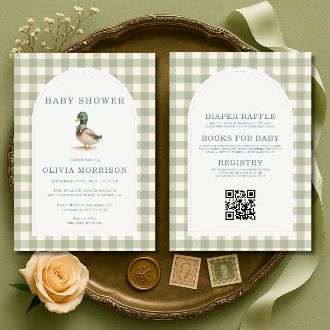 Convite Mallard Duck Gingham All in One Baby Shower (Criador carregado)