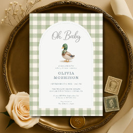 Convite Mallard Duck Sage Green Gingham Baby Shower