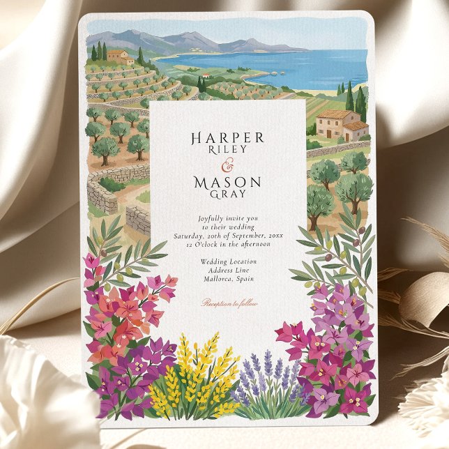 Convite Mallorca Spain Mediterranean Coast Olive Wedding (Criador carregado)