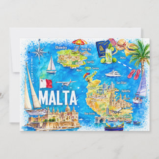 Convite Malta Mapa de Viagem da Ilha Ilustrado Postcard