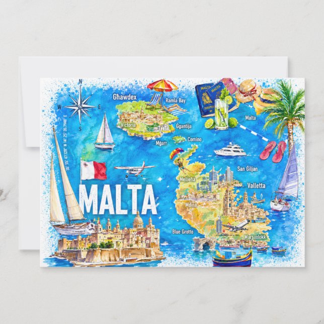 Convite Malta Mapa de Viagem da Ilha Ilustrado Postcard (Frente)