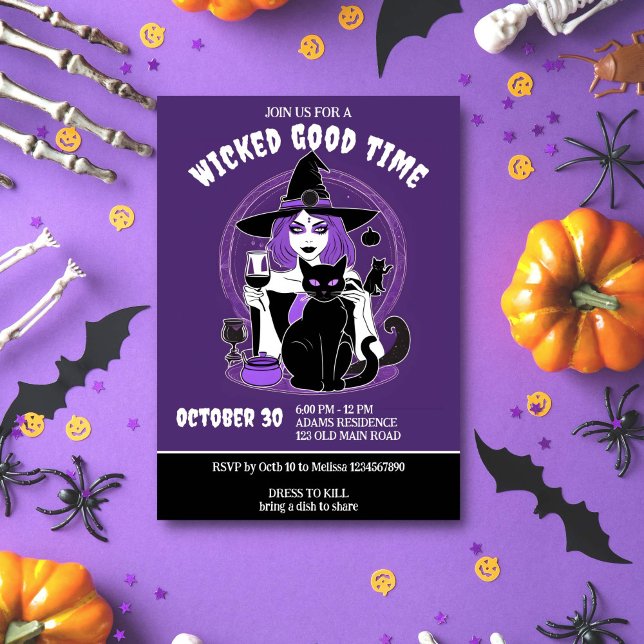 Convite Malvada bruxa e adultas do Halloween (Wicked good time adults Halloween party template invitation digital download chic young witch wine )