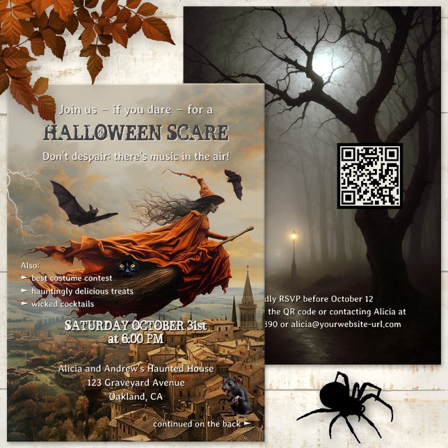 Convite Malvado Assustador do Halloween (Halloween party invitation featuring a whimsical artistic image of a witch flying through the sky)