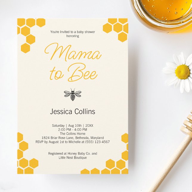 Convite Mama Abelha Chuvada de Bebê Favo de Mel Bumblebee (Mama to Bee Gender Neutral Cute Yellow Honeycomb Invitation)