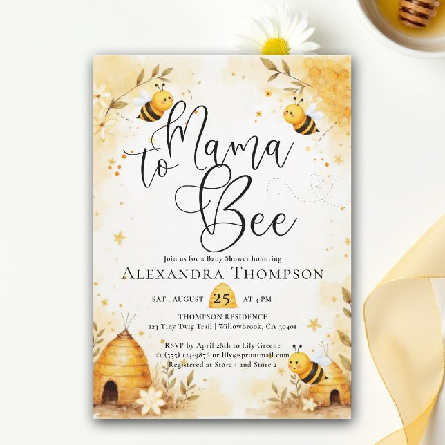 Convite Mama Bee Summer Hive Bumblebee Script Baby Shower (mama to bee baby shower theme invitation spring summer little honey watercolor elegant bumblebee)