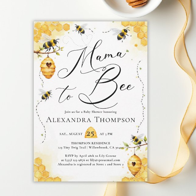 Convite Mama Bee Summer Watercolor Elegant Baby Shower (mom to bee baby shower theme invitation spring summer little honey watercolor elegant)