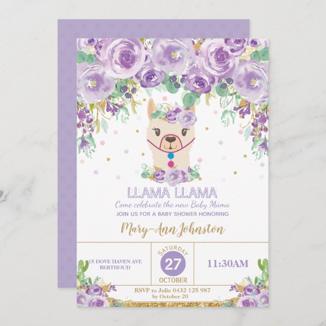 Convite Mama floral roxo lunático chá de fraldas do lama (Frente/Verso)