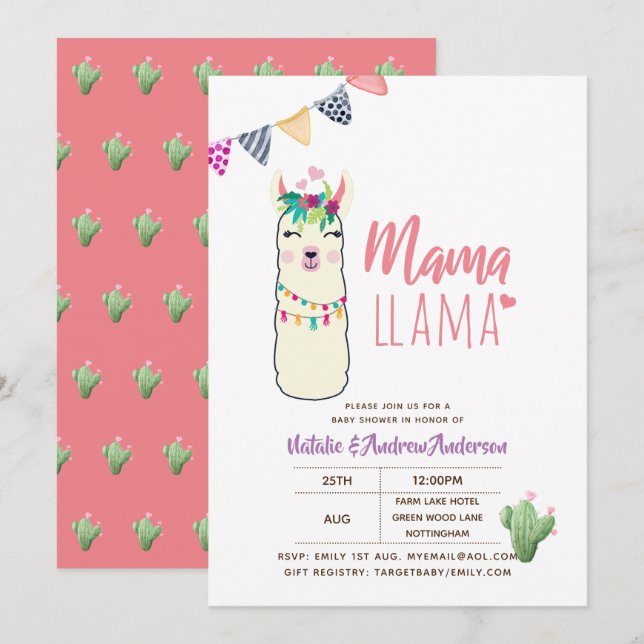 Convite Mama Llama Chá de fraldas Fiesta Cactos Cute Girls (Frente/Verso)